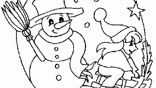 Zimowy Pejzaż z Bałwankiem i Dzieckiem - Kolorowanka do Druku